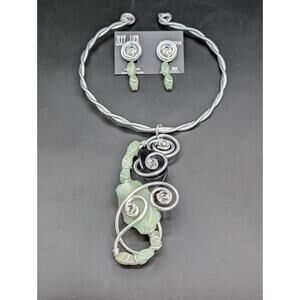 Jeff Lieb Signed Wire Wrap Choker & Earrings Set Swarovski Crystals Green Stone